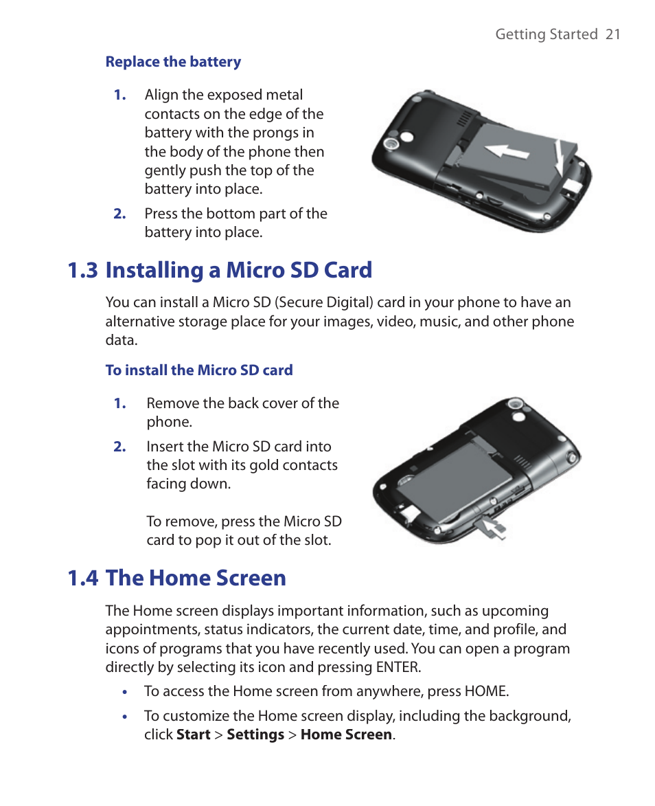 3 installing a micro sd card, 4 the home screen | HTC S621 User Manual | Page 21 / 172