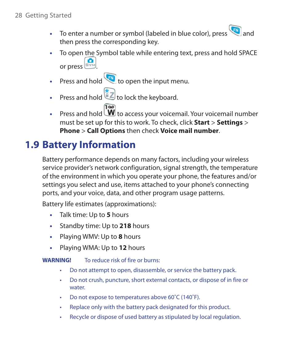 9 battery information | HTC S621 User Manual | Page 28 / 172