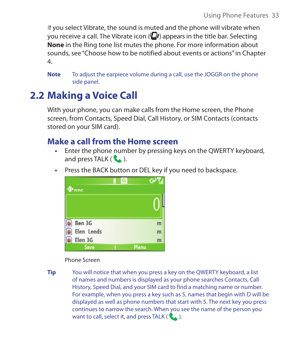 2 making a voice call, Make a call from the home screen | HTC S621 User Manual | Page 33 / 172