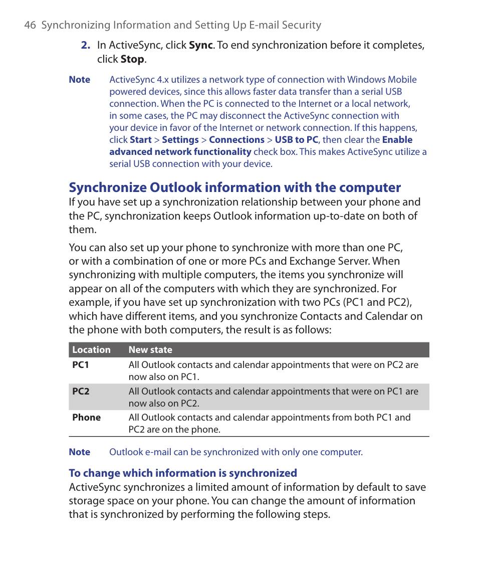 Synchronize outlook information with the computer | HTC S621 User Manual | Page 46 / 172