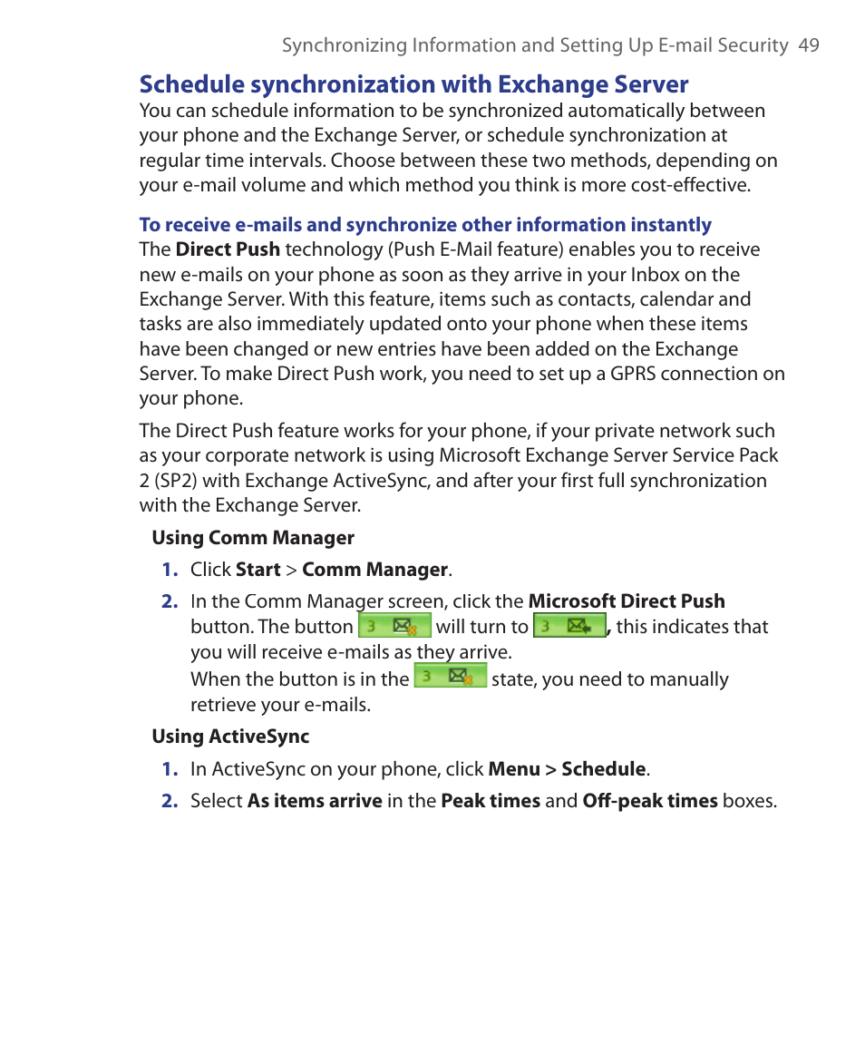 Schedule synchronization with exchange server | HTC S621 User Manual | Page 49 / 172