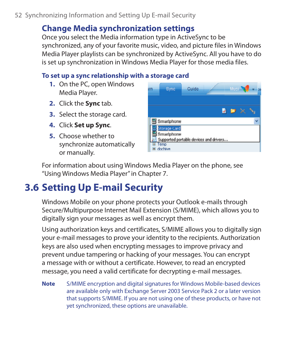 6 setting up e-mail security, Change media synchronization settings | HTC S621 User Manual | Page 52 / 172