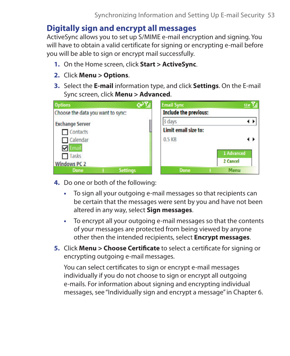 Digitally sign and encrypt all messages | HTC S621 User Manual | Page 53 / 172