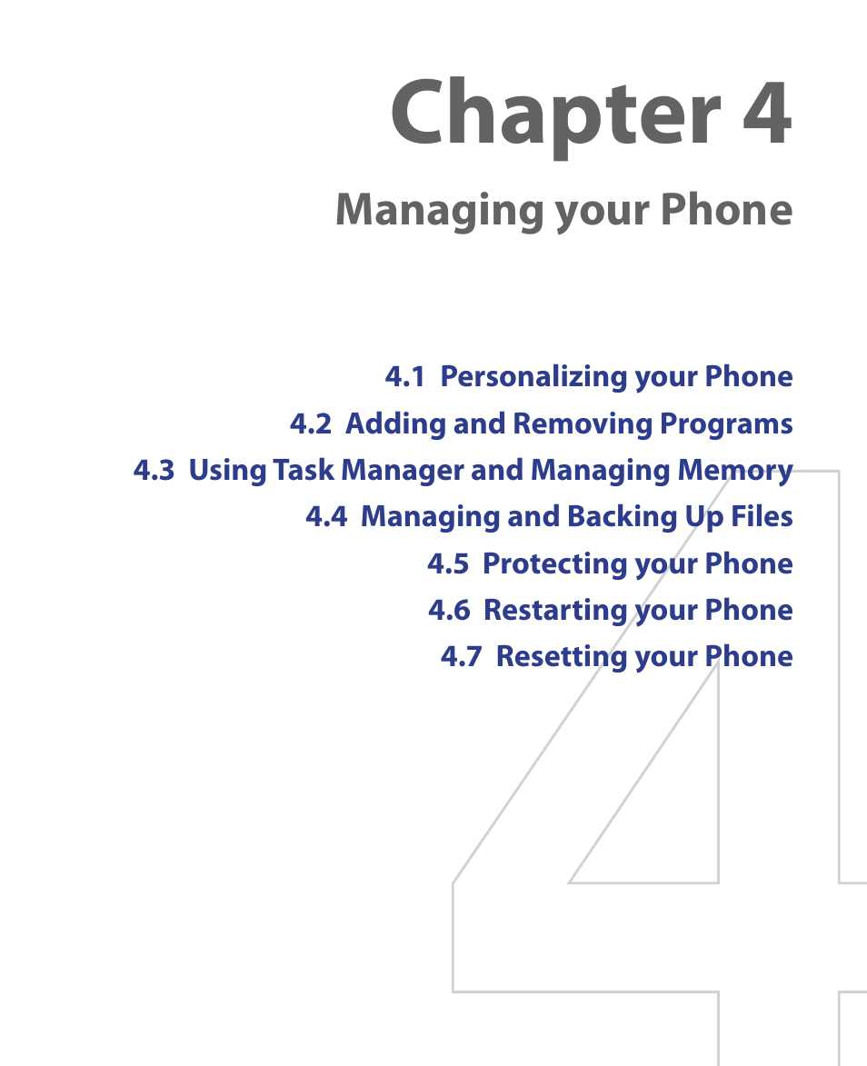 Chapter 4, Managing your phone | HTC S621 User Manual | Page 55 / 172