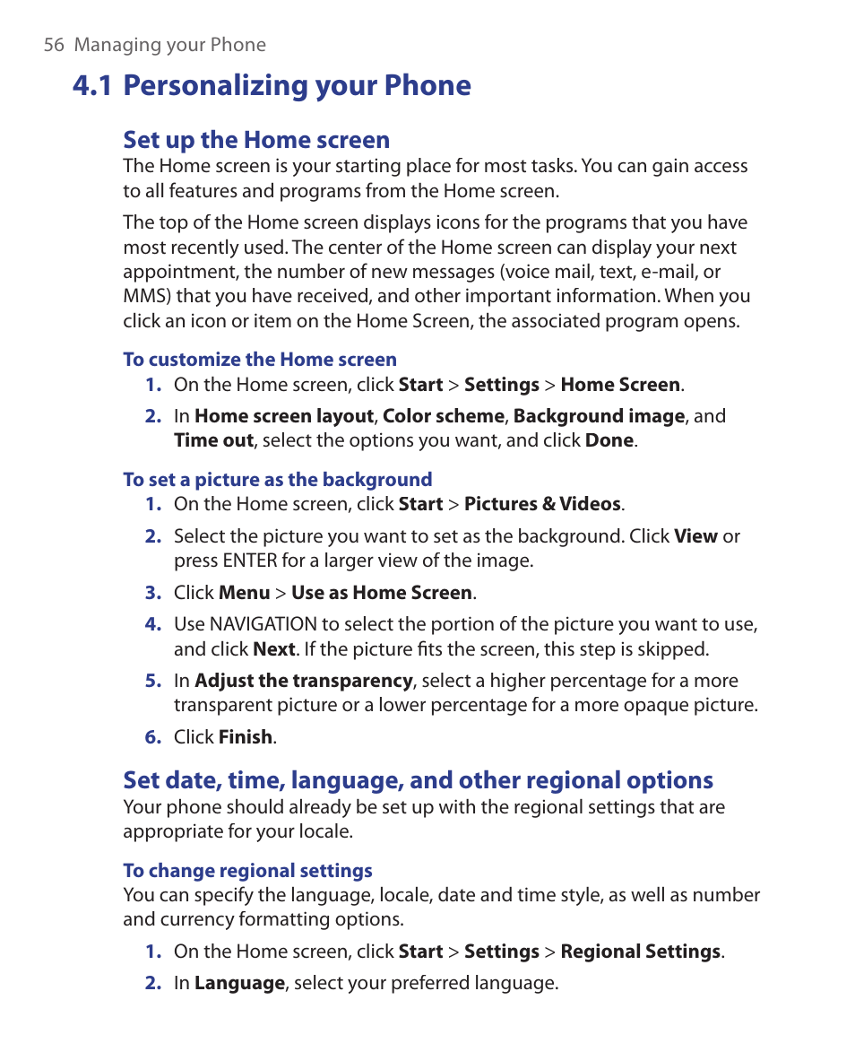 1 personalizing your phone, Set up the home screen | HTC S621 User Manual | Page 56 / 172