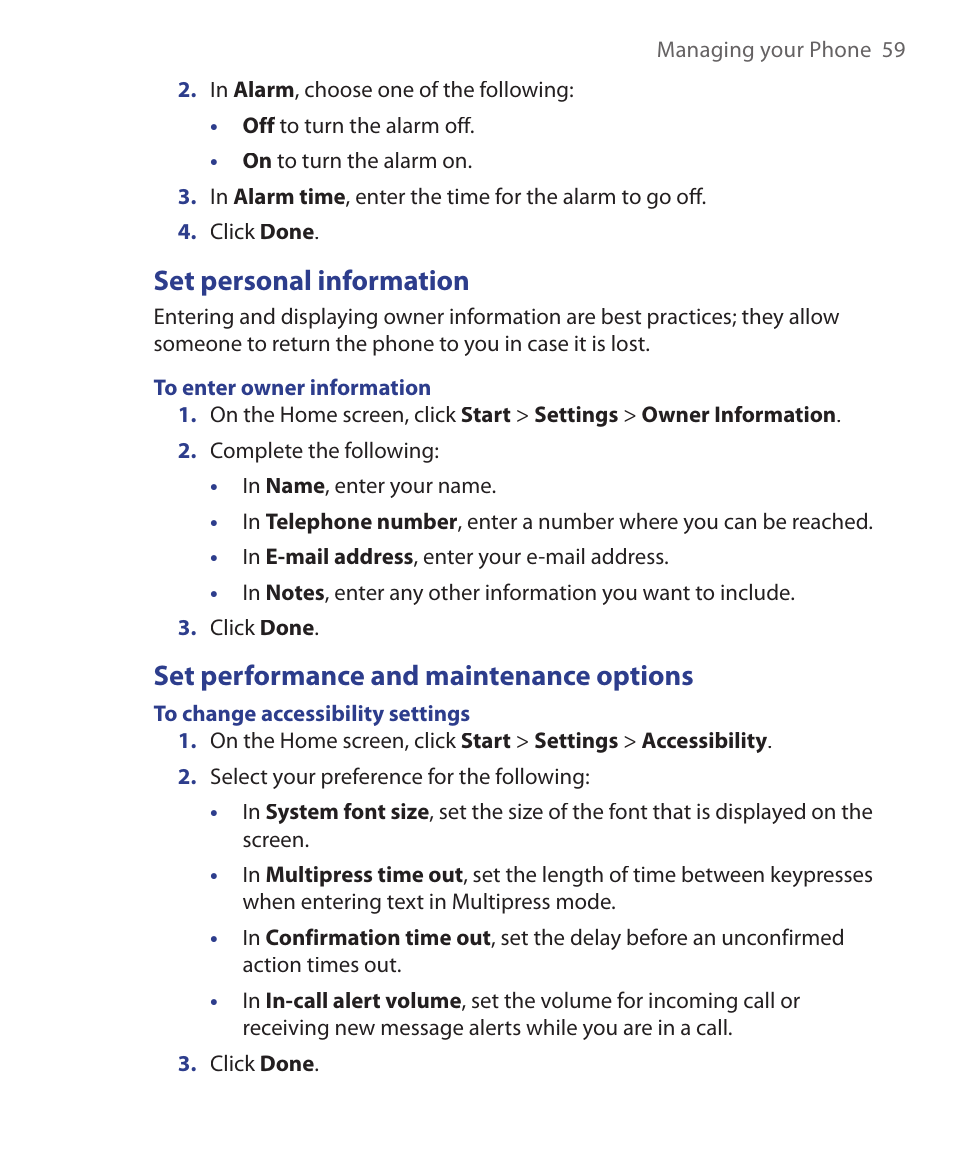 Set personal information, Set performance and maintenance options | HTC S621 User Manual | Page 59 / 172