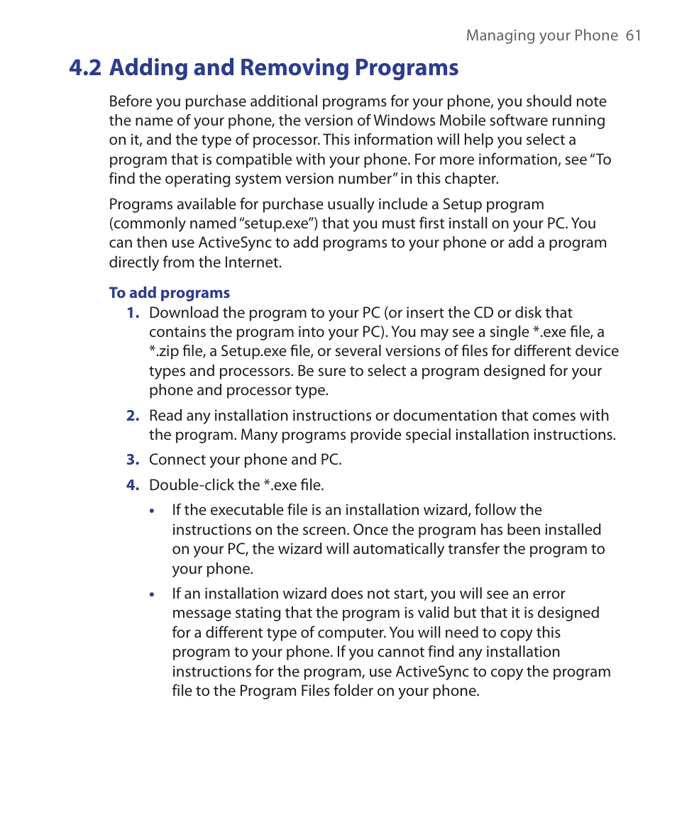 2 adding and removing programs | HTC S621 User Manual | Page 61 / 172