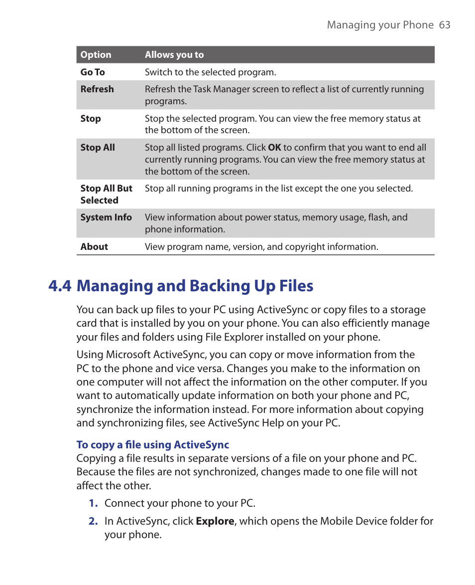 4 managing and backing up files | HTC S621 User Manual | Page 63 / 172