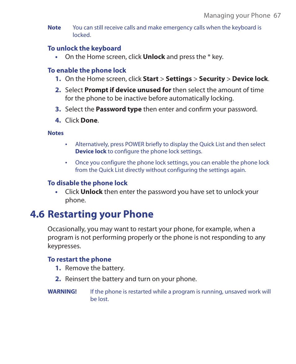6 restarting your phone | HTC S621 User Manual | Page 67 / 172