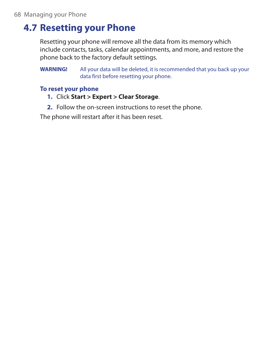 7 resetting your phone | HTC S621 User Manual | Page 68 / 172