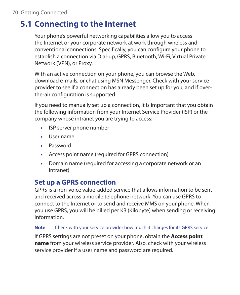 1 connecting to the internet, Set up a gprs connection | HTC S621 User Manual | Page 70 / 172
