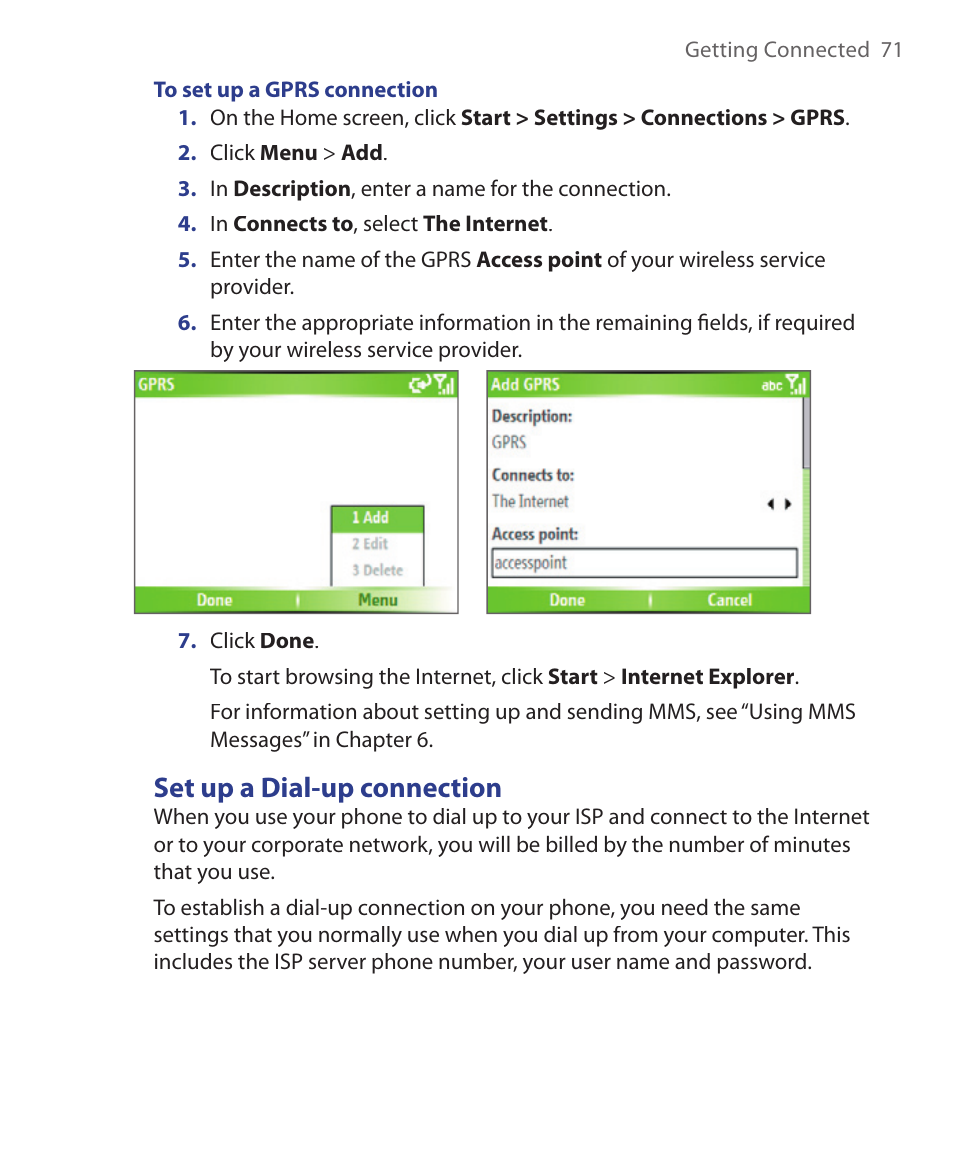 Set up a dial-up connection | HTC S621 User Manual | Page 71 / 172