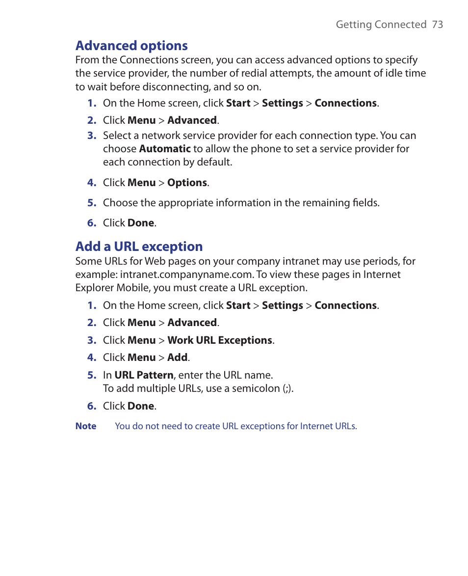 Advanced options, Add a url exception | HTC S621 User Manual | Page 73 / 172