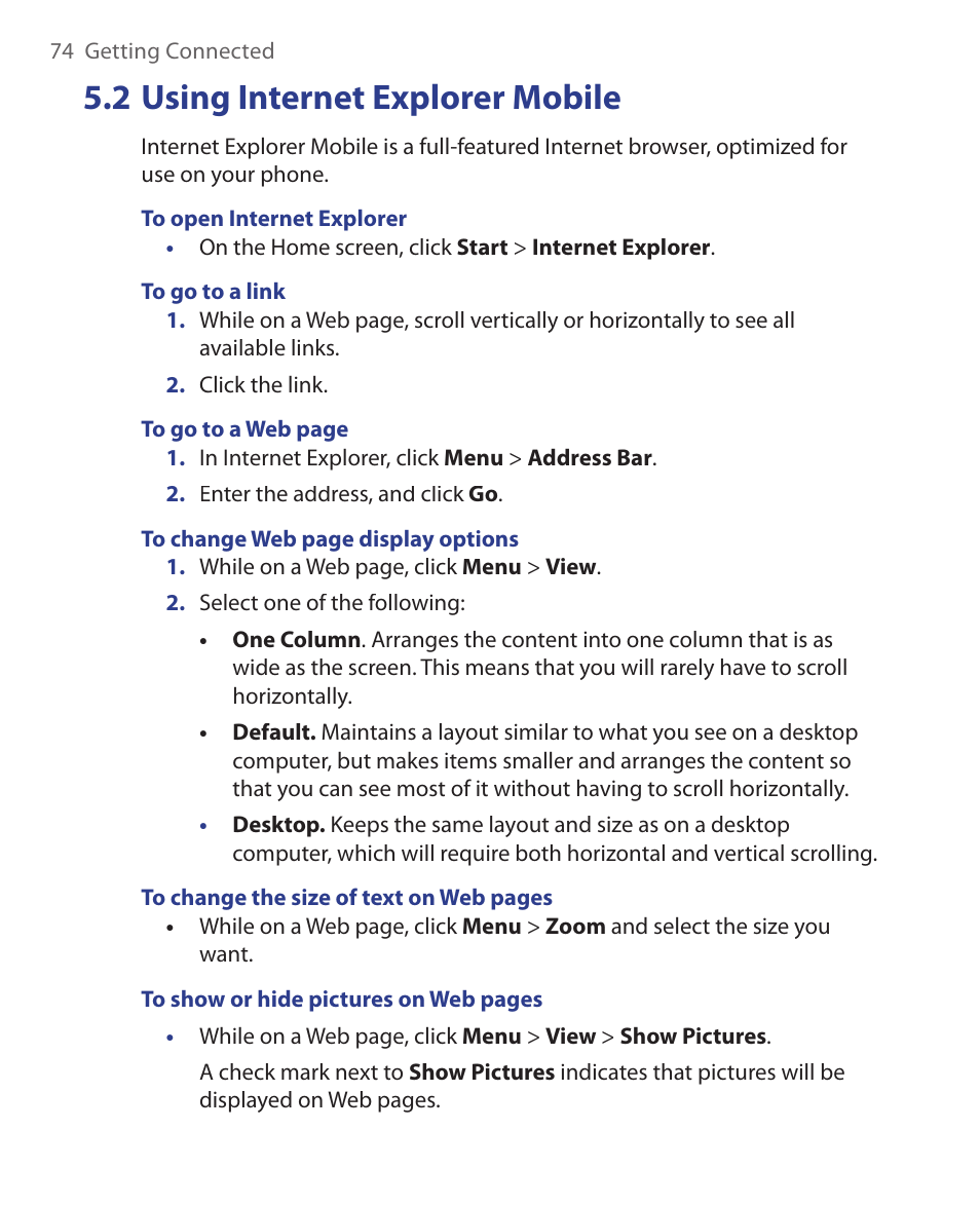 2 using internet explorer mobile | HTC S621 User Manual | Page 74 / 172