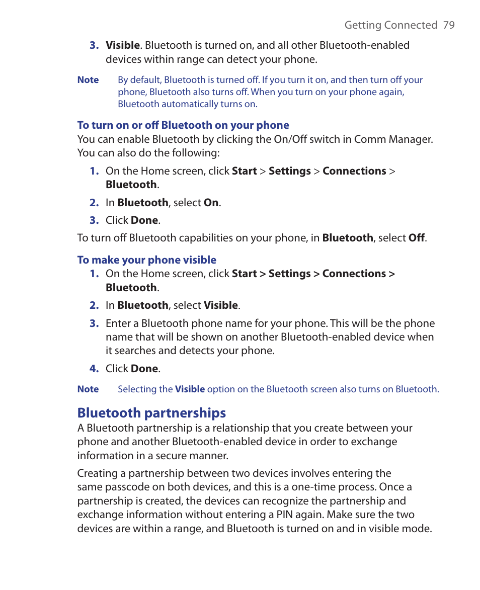 Bluetooth partnerships | HTC S621 User Manual | Page 79 / 172
