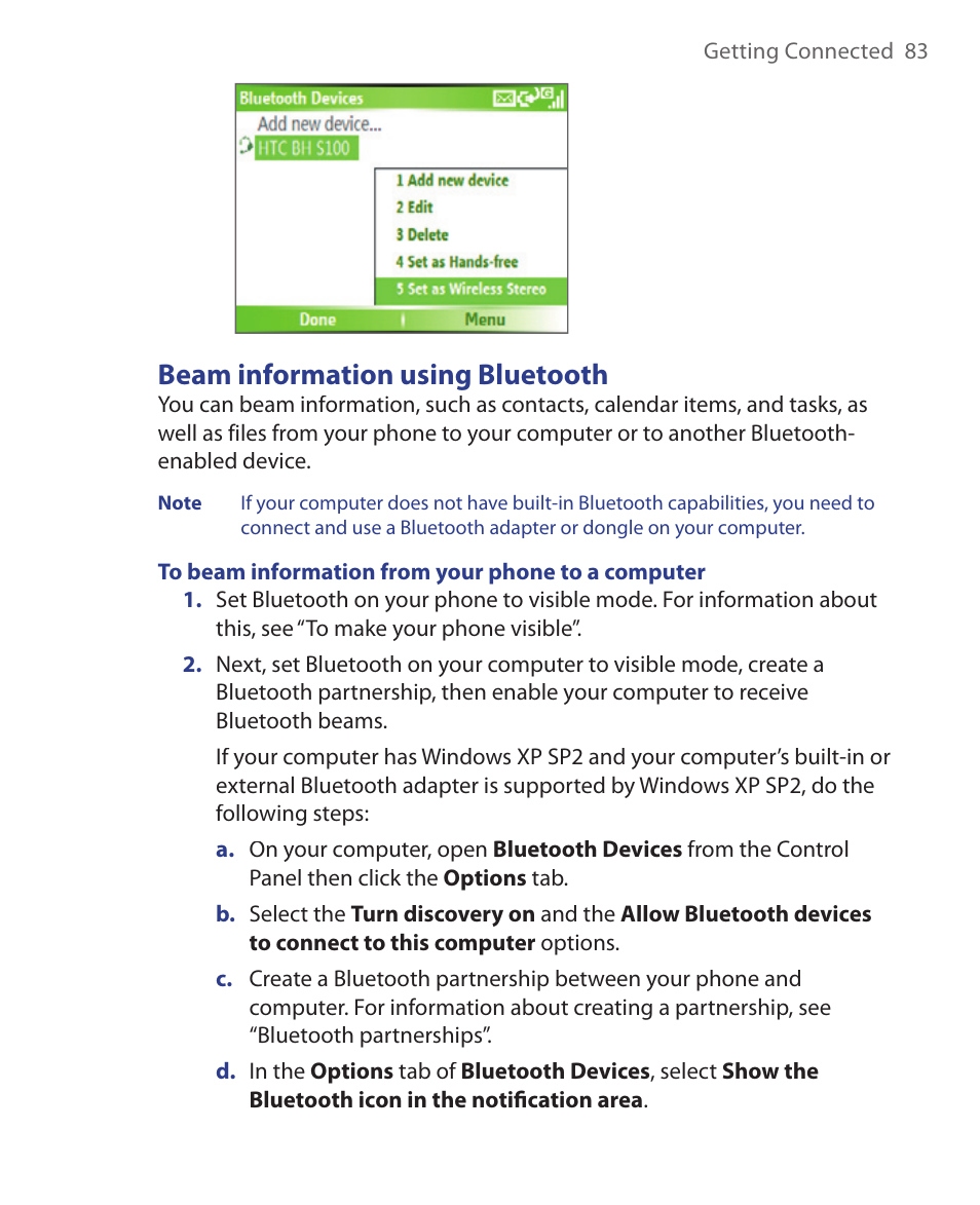 Beam information using bluetooth | HTC S621 User Manual | Page 83 / 172