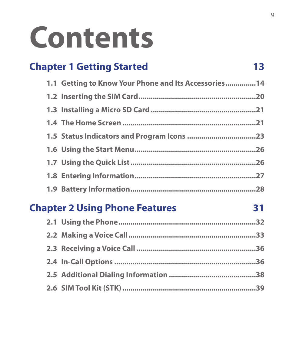 HTC S621 User Manual | Page 9 / 172