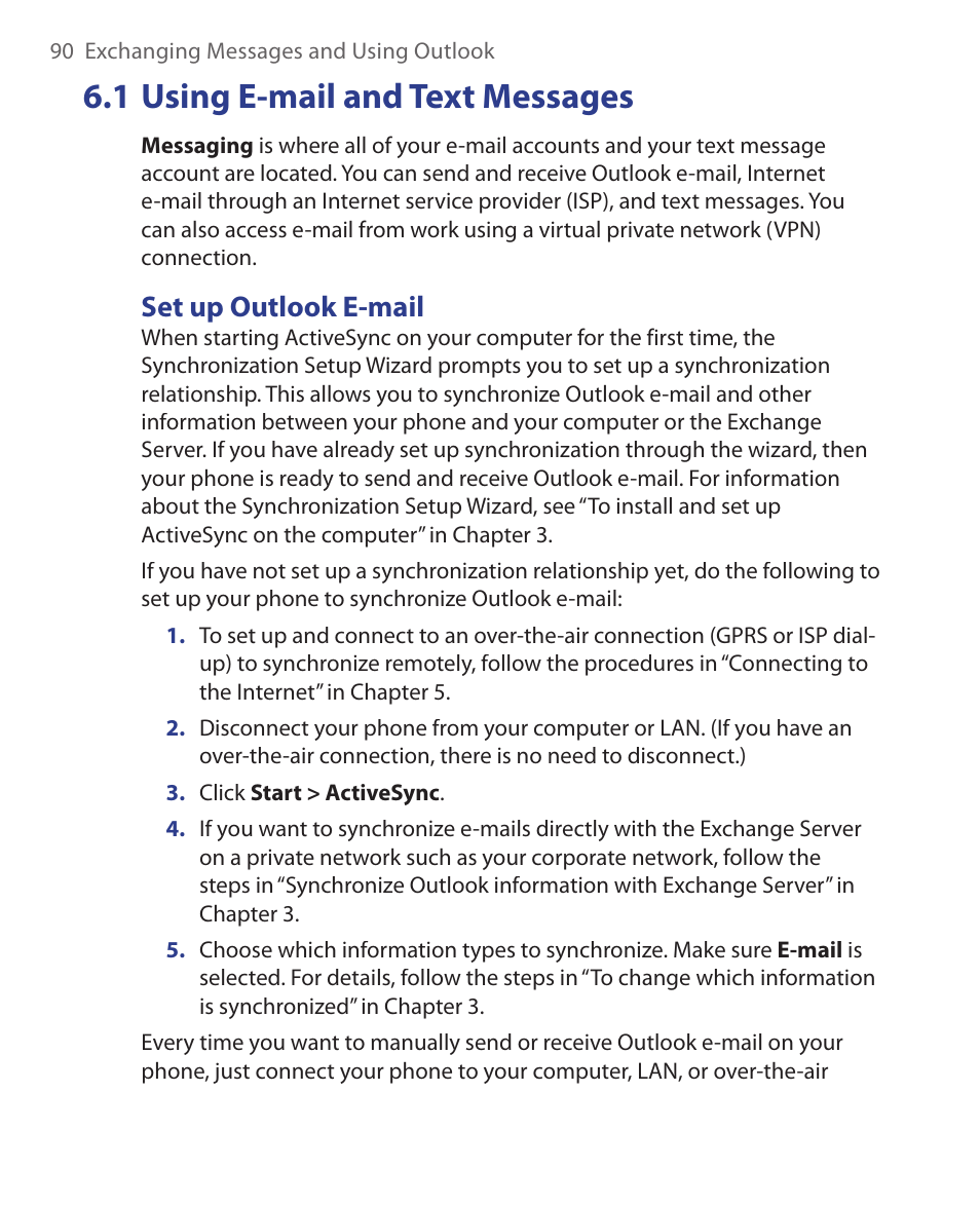 1 using e-mail and text messages, Set up outlook e-mail | HTC S621 User Manual | Page 90 / 172