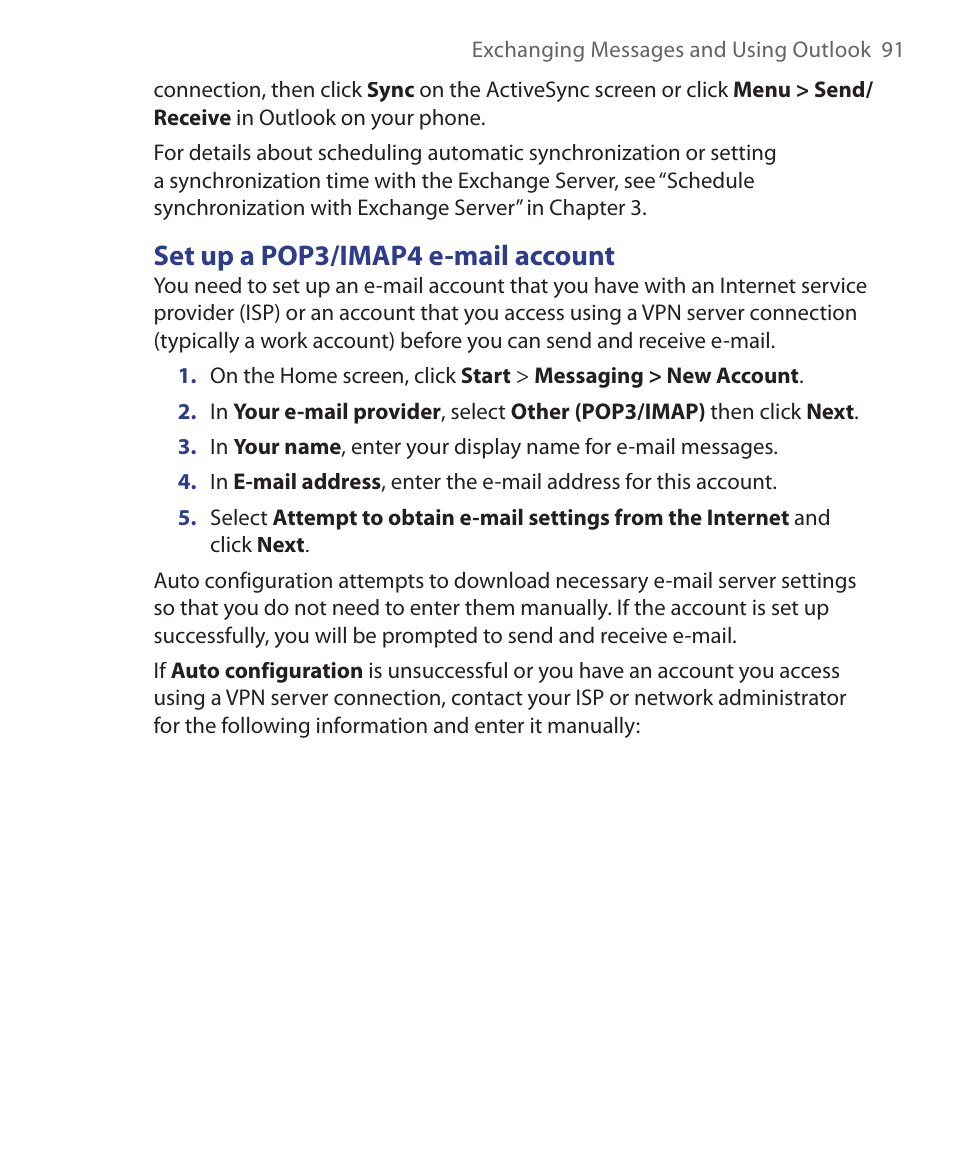 Set up a pop3/ imap4 e-mail account | HTC S621 User Manual | Page 91 / 172