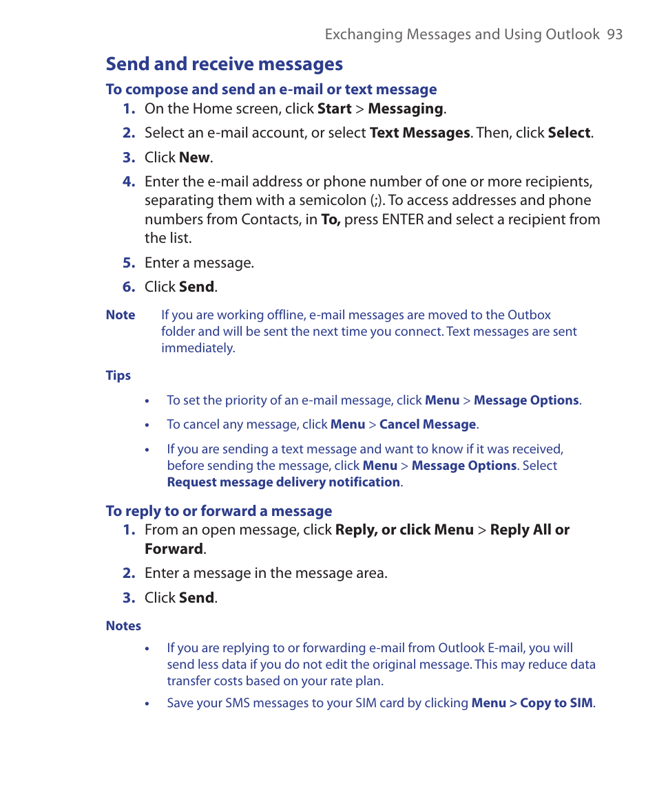 Send and receive messages | HTC S621 User Manual | Page 93 / 172