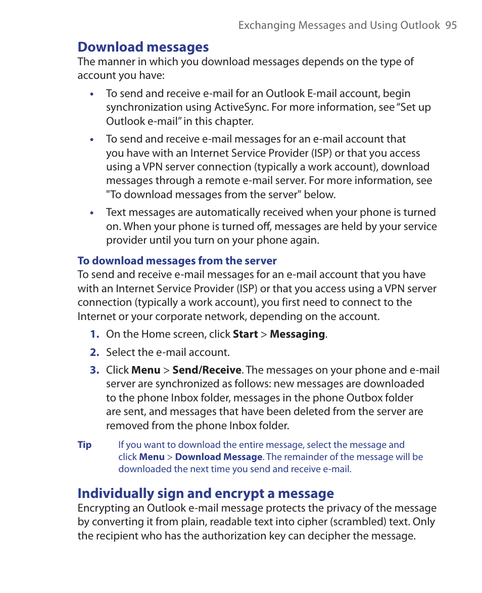 Download messages, Individually sign and encrypt a message | HTC S621 User Manual | Page 95 / 172