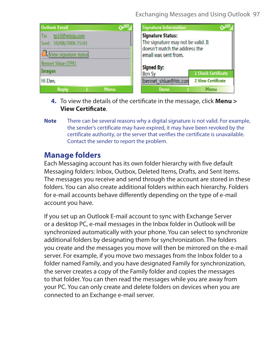 Manage folders | HTC S621 User Manual | Page 97 / 172