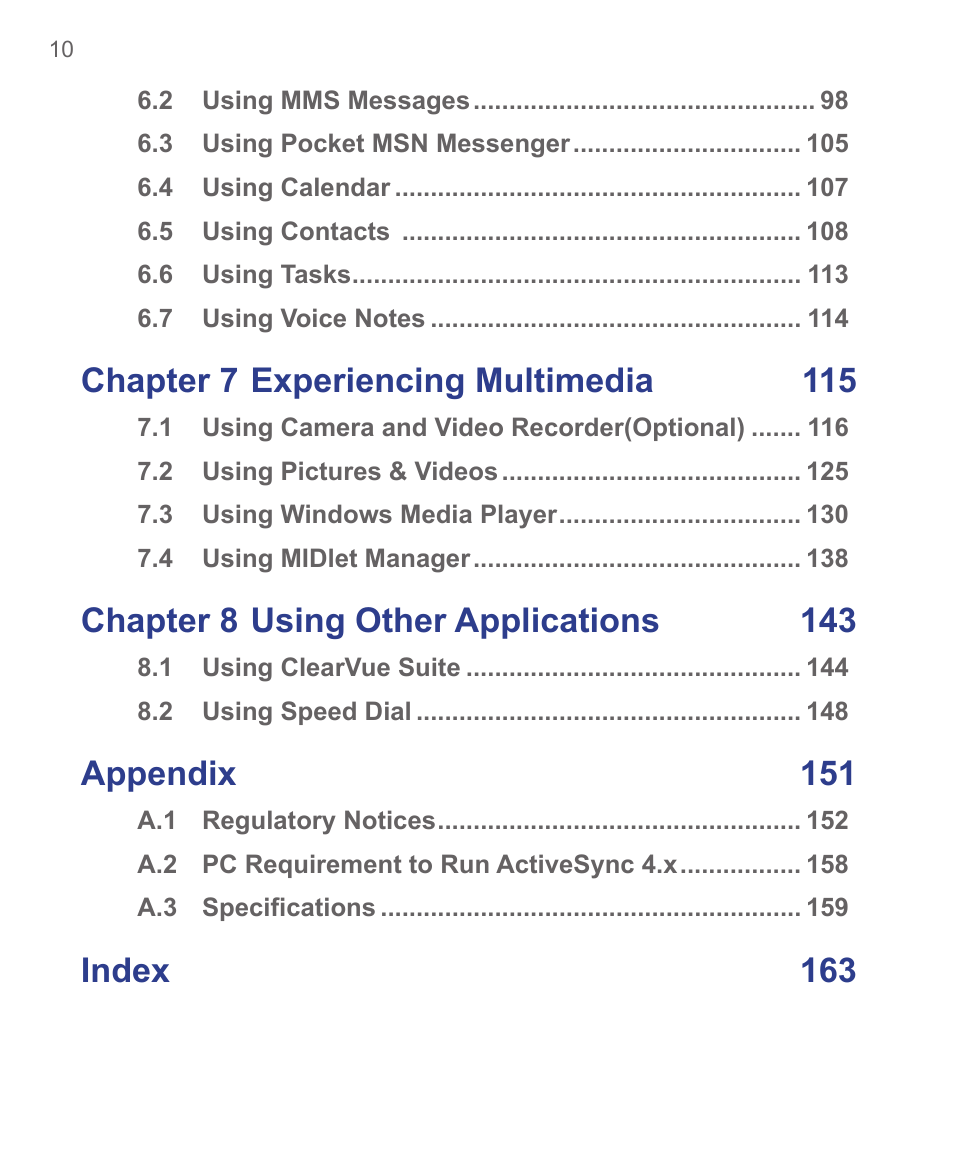 Chapter 7 experiencing multimedia 115, Chapter 8 using other applications 143, Appendix 151 | Index 163 | HTC 3125 User Manual | Page 10 / 169