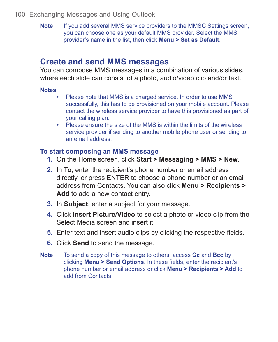 Create and send mms messages | HTC 3125 User Manual | Page 100 / 169