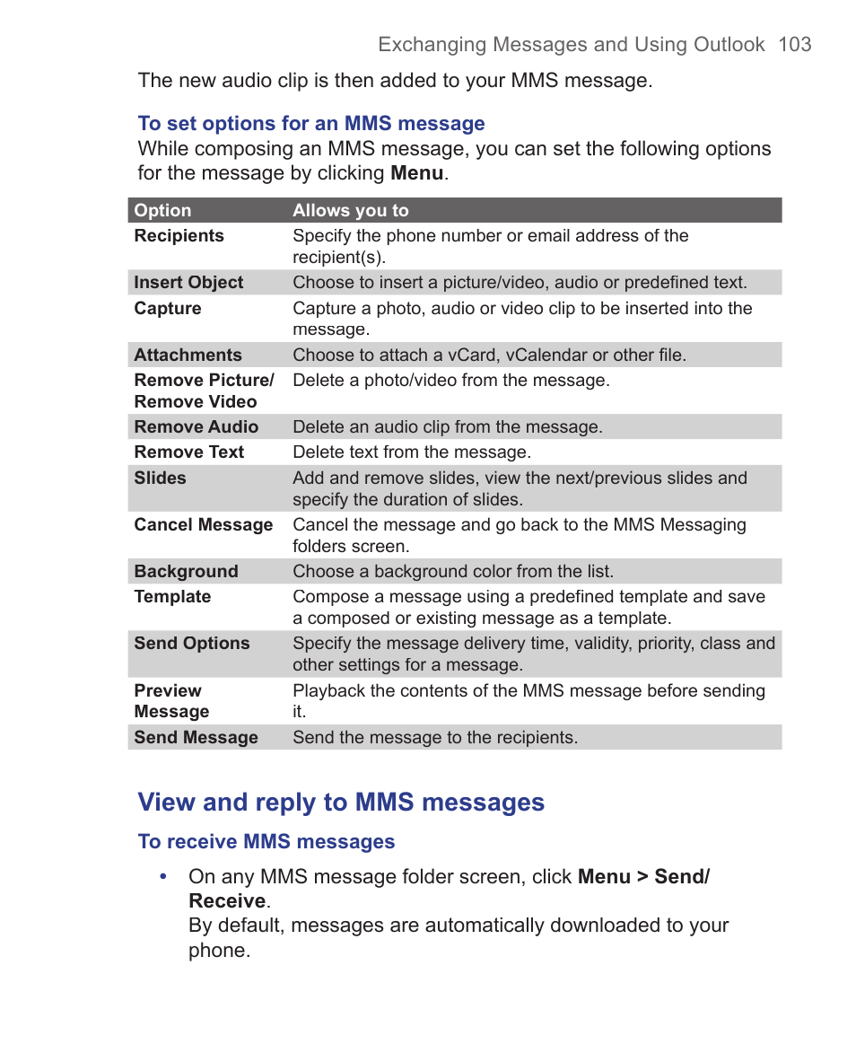 View and reply to mms messages | HTC 3125 User Manual | Page 103 / 169