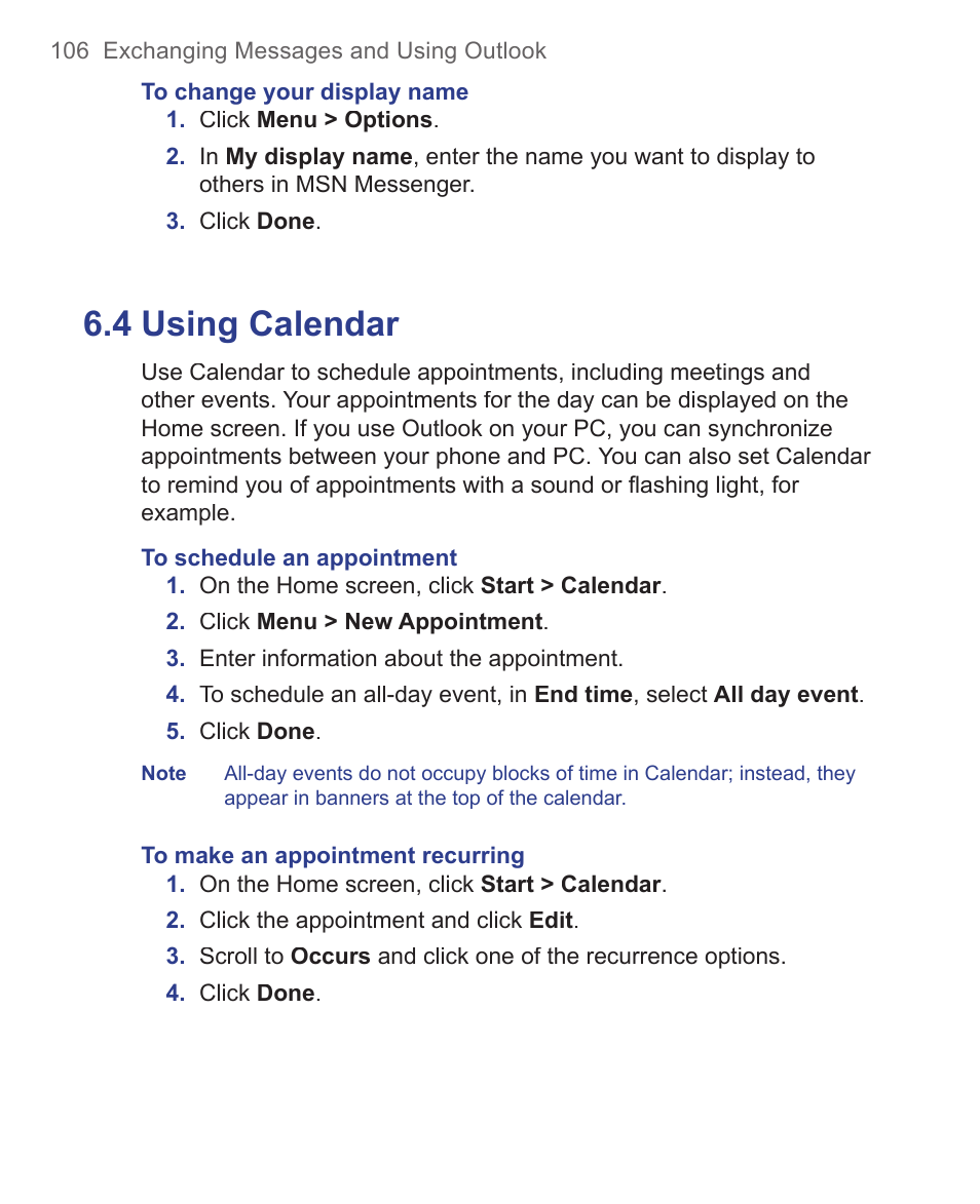 4 using calendar | HTC 3125 User Manual | Page 106 / 169