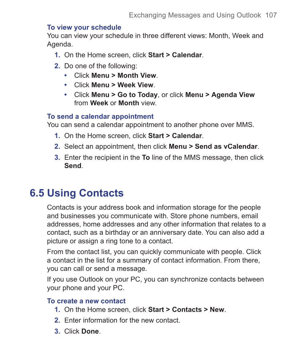 5 using contacts | HTC 3125 User Manual | Page 107 / 169