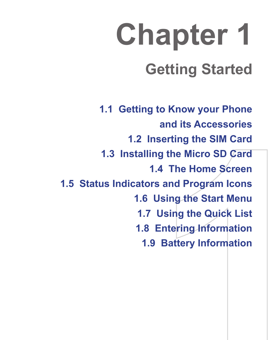 Chapter 1, Getting started | HTC 3125 User Manual | Page 11 / 169