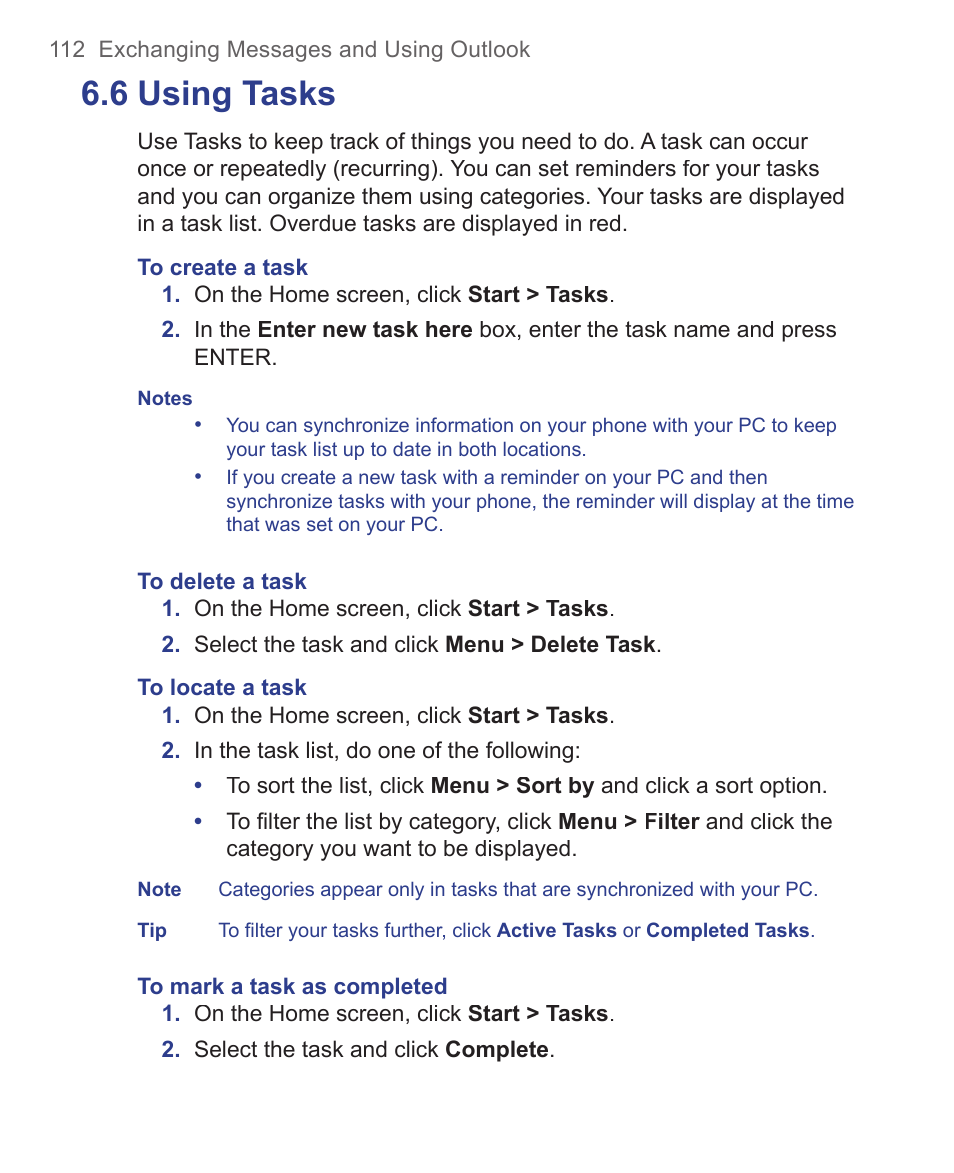 6 using tasks | HTC 3125 User Manual | Page 112 / 169