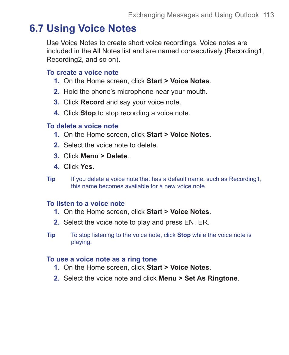 7 using voice notes | HTC 3125 User Manual | Page 113 / 169