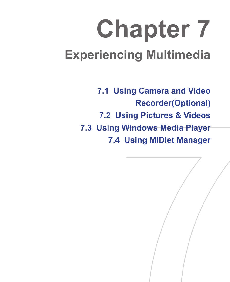 Chapter 7, Experiencing multimedia | HTC 3125 User Manual | Page 114 / 169