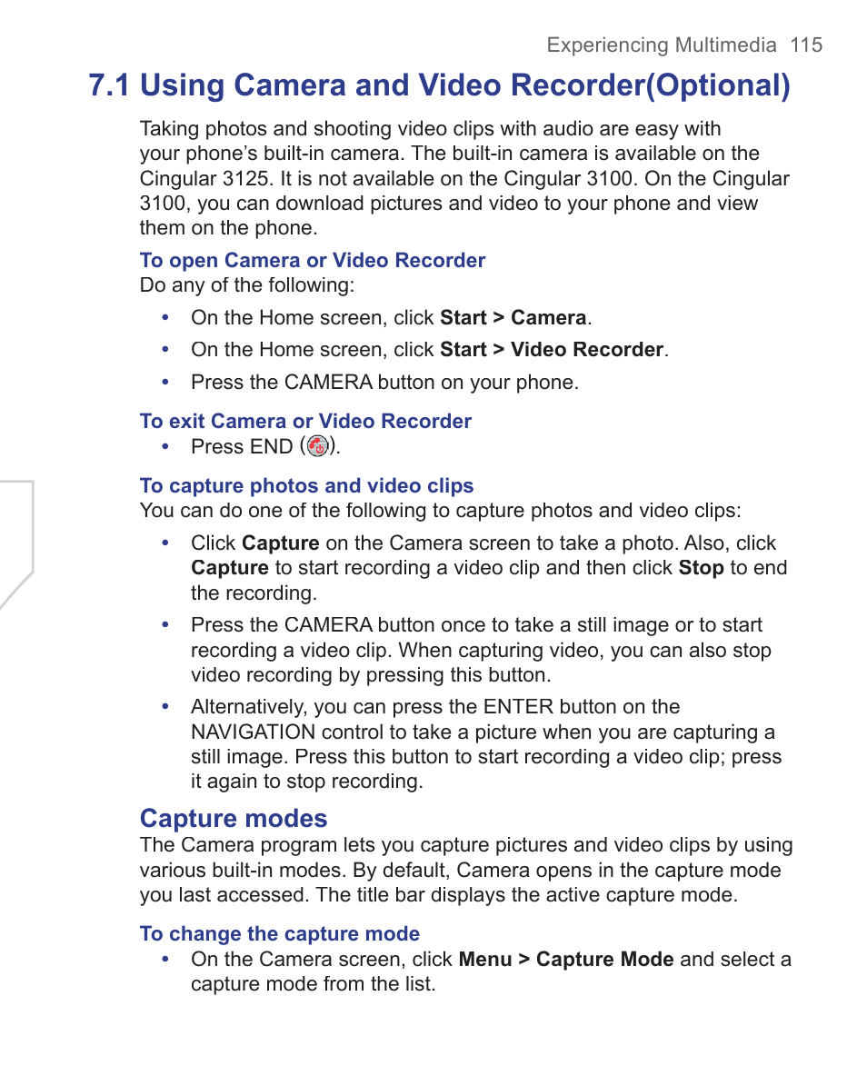 1 using camera and video recorder, 1 using camera and video recorder (optional), Capture modes | HTC 3125 User Manual | Page 115 / 169