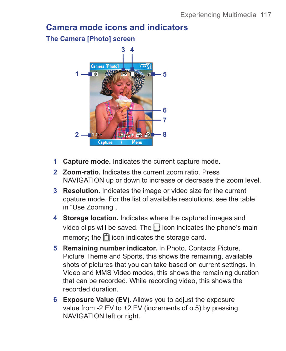 Camera mode icons and indicators | HTC 3125 User Manual | Page 117 / 169