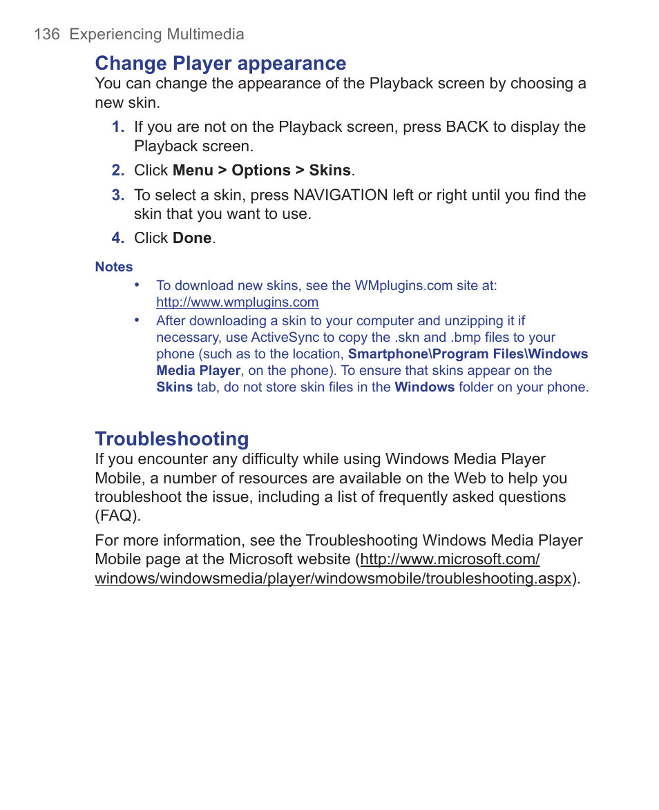 Change player appearance, Troubleshooting | HTC 3125 User Manual | Page 136 / 169