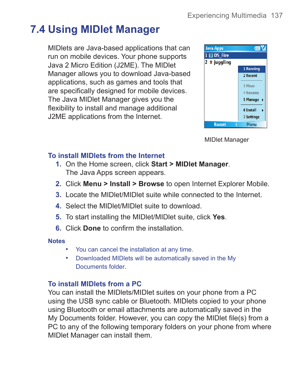 4 using midlet manager | HTC 3125 User Manual | Page 137 / 169