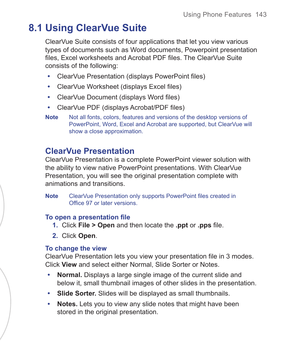 1 using clearvue suite, Clearvue presentation | HTC 3125 User Manual | Page 143 / 169
