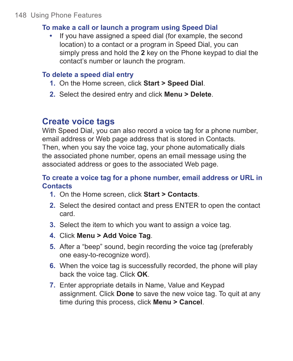 Create voice tags | HTC 3125 User Manual | Page 148 / 169