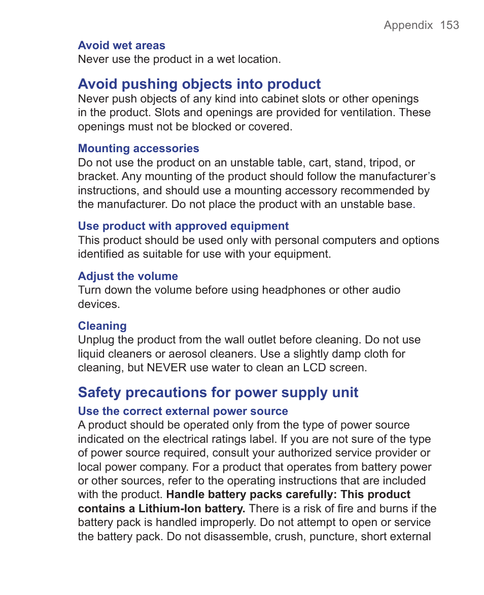 Avoid pushing objects into product, Safety precautions for power supply unit | HTC 3125 User Manual | Page 153 / 169