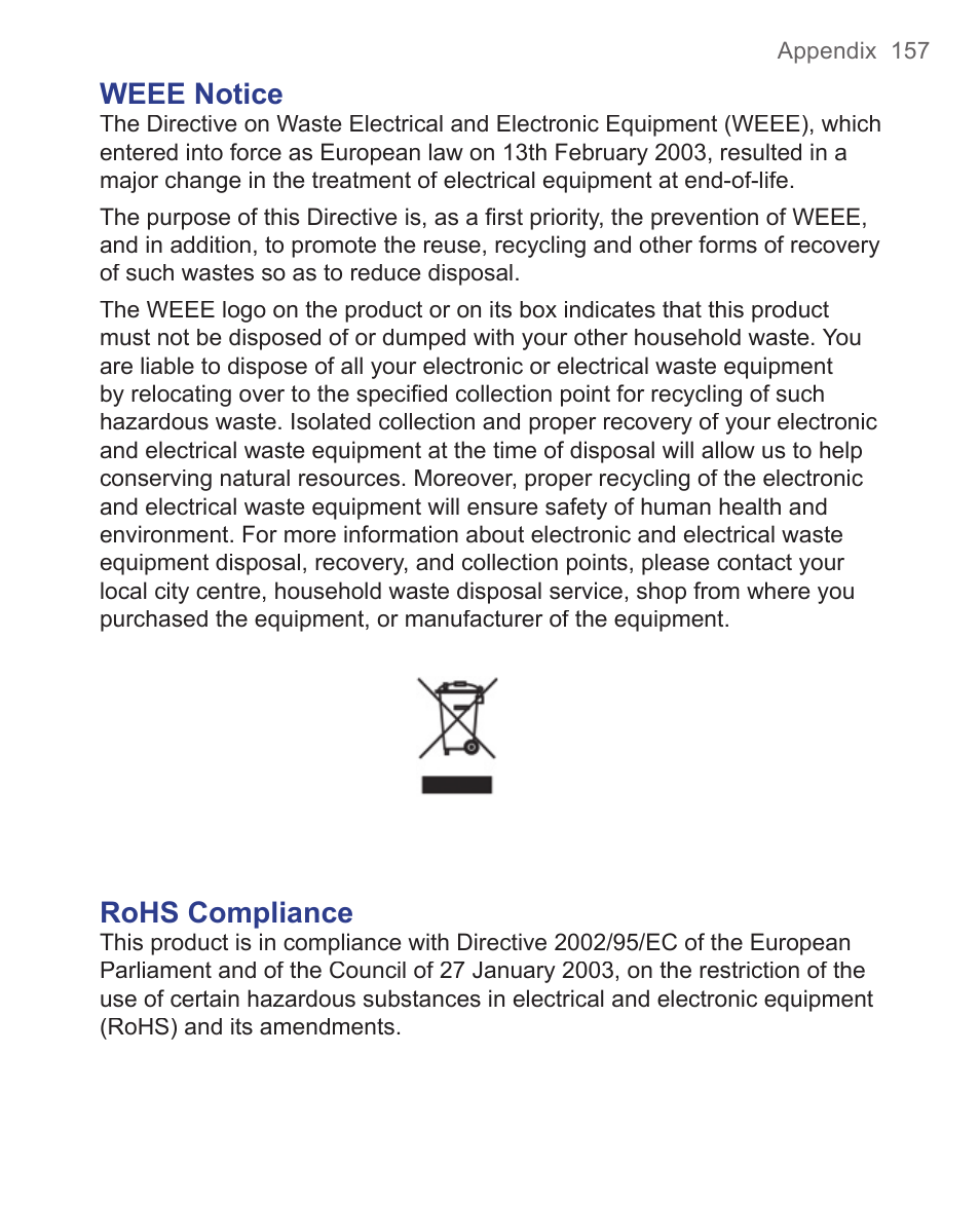 Weee notice, Rohs compliance | HTC 3125 User Manual | Page 157 / 169