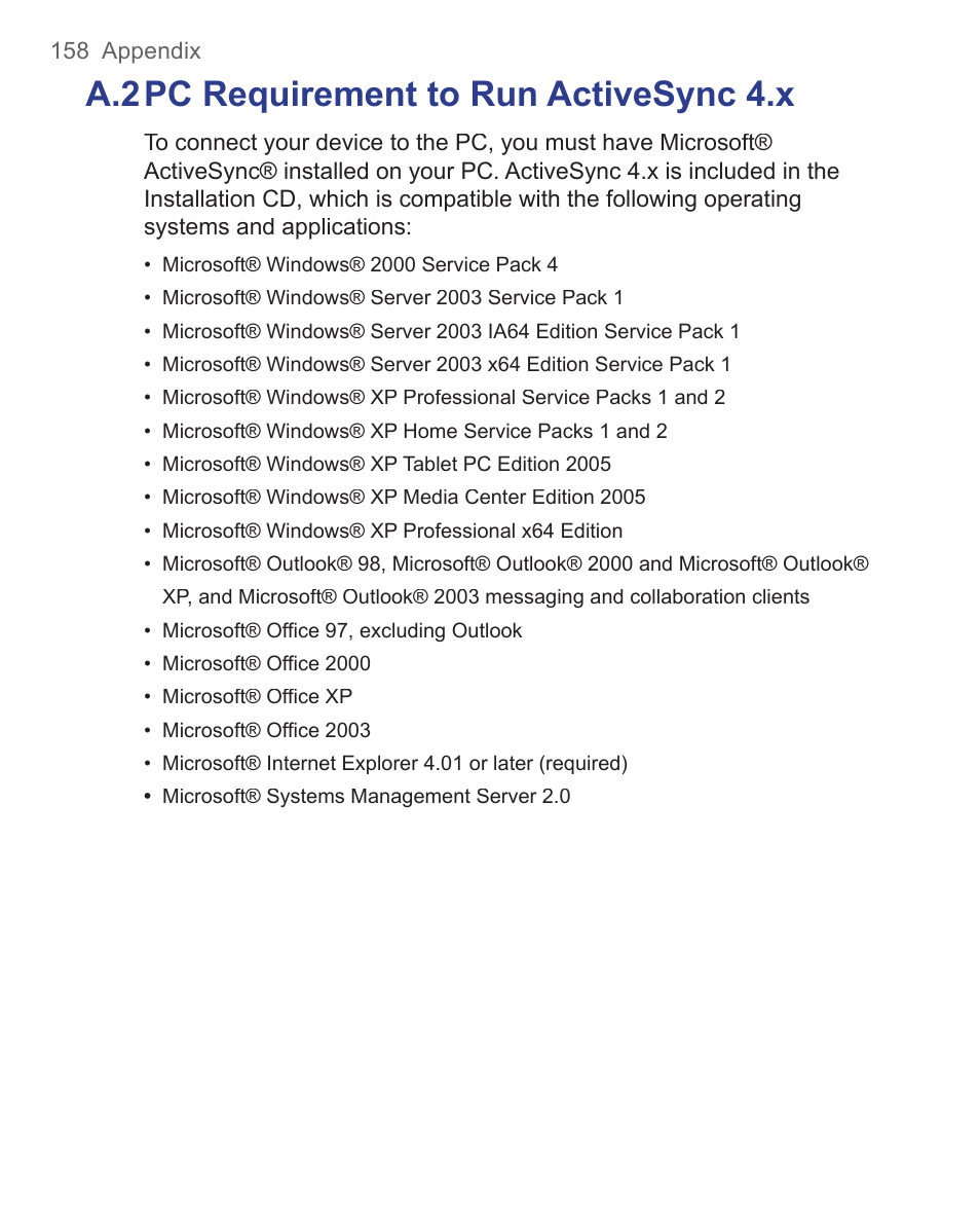 A.2 pc requirement to run activesync 4.x | HTC 3125 User Manual | Page 158 / 169