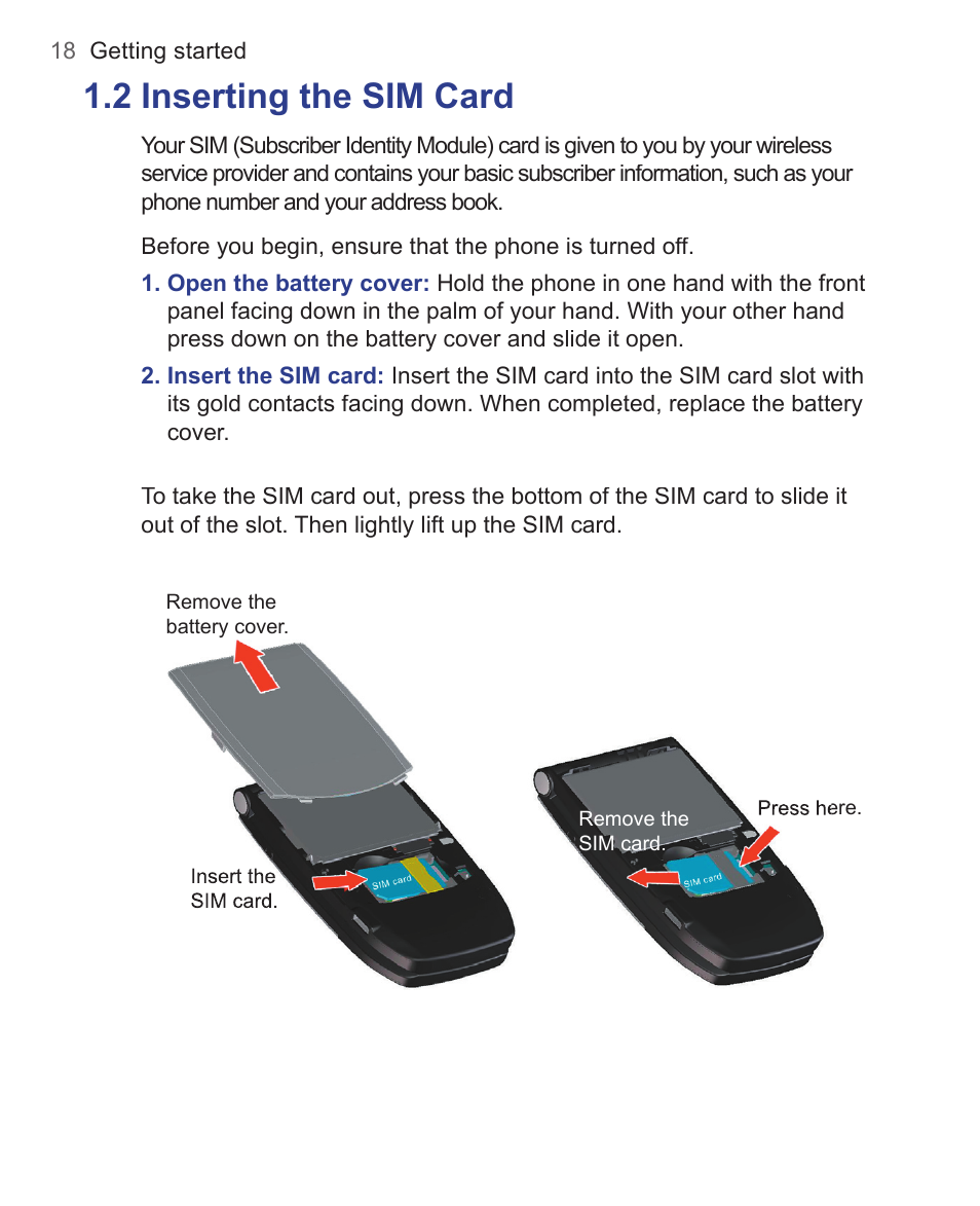 2 inserting the sim card | HTC 3125 User Manual | Page 18 / 169