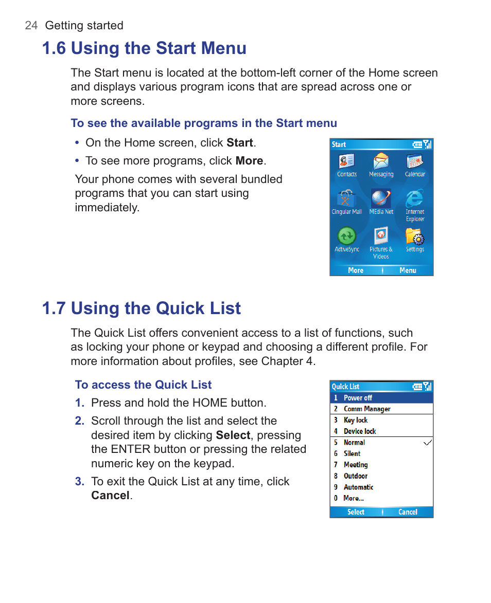 6 using the start menu, 7 using the quick list | HTC 3125 User Manual | Page 24 / 169