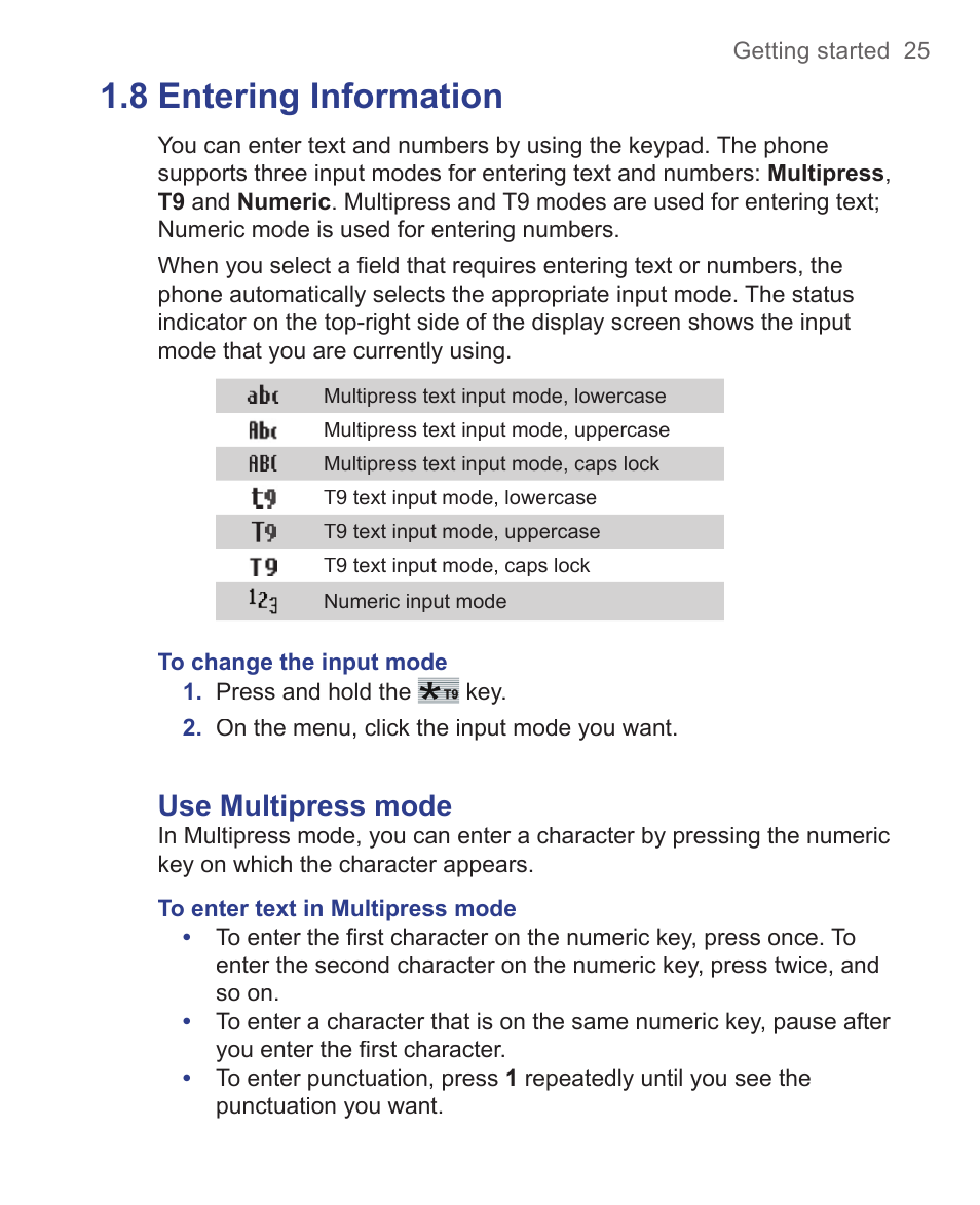 8 entering information, Use multipress mode | HTC 3125 User Manual | Page 25 / 169