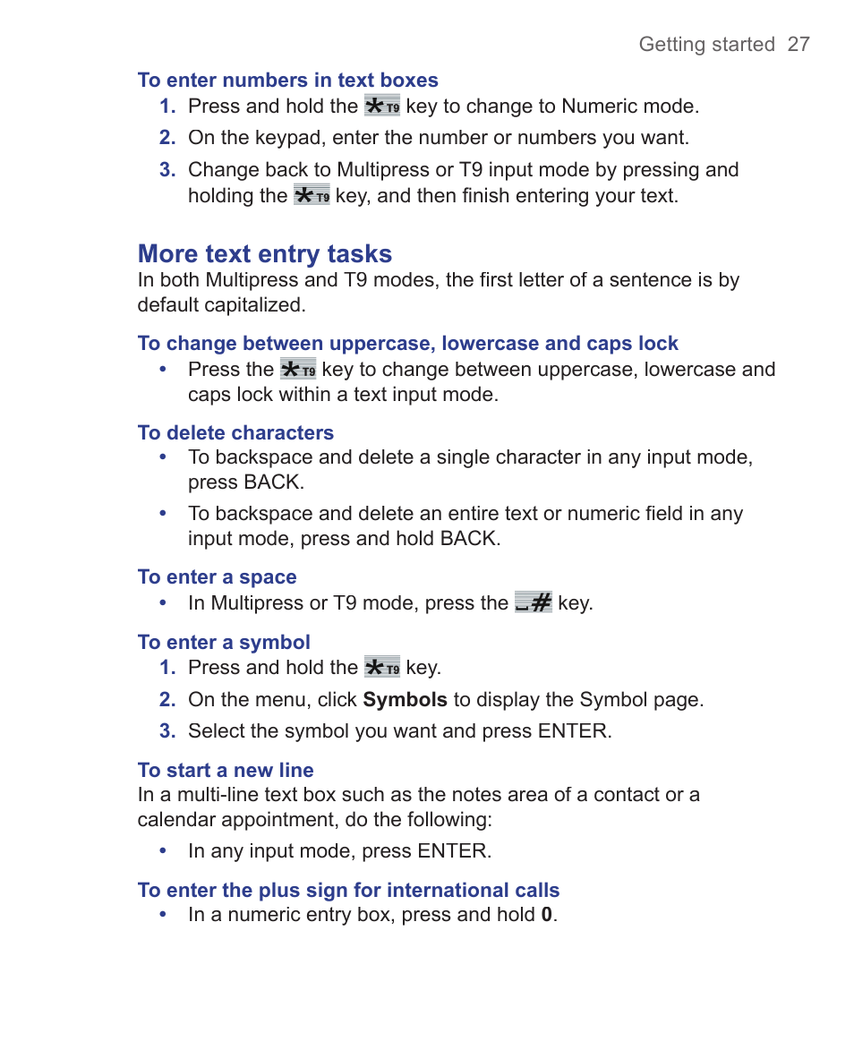 More text entry tasks | HTC 3125 User Manual | Page 27 / 169