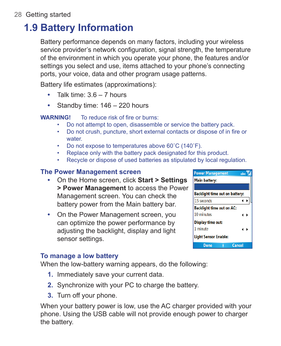 9 battery information | HTC 3125 User Manual | Page 28 / 169