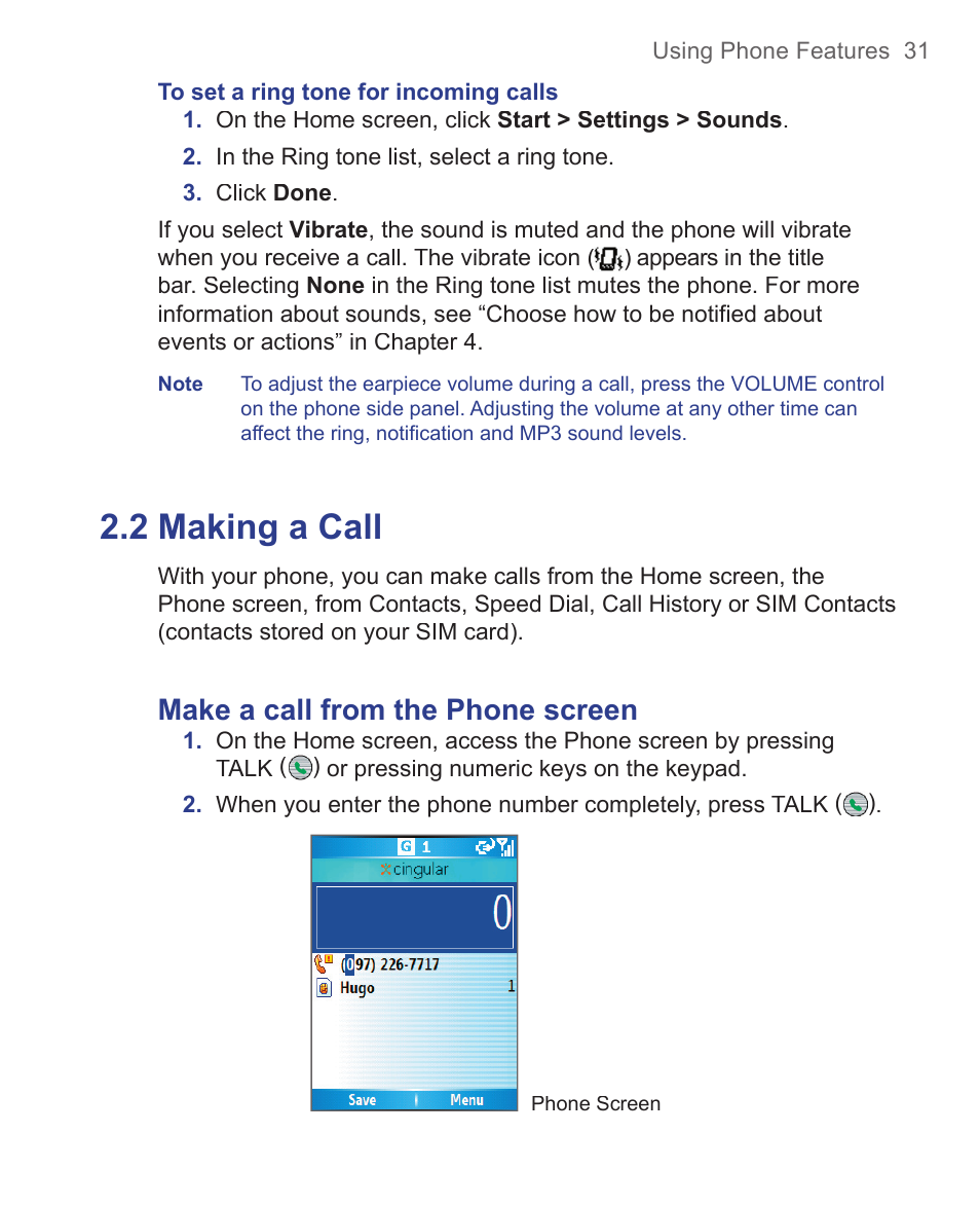 2 making a call, Make a call from the phone screen | HTC 3125 User Manual | Page 31 / 169